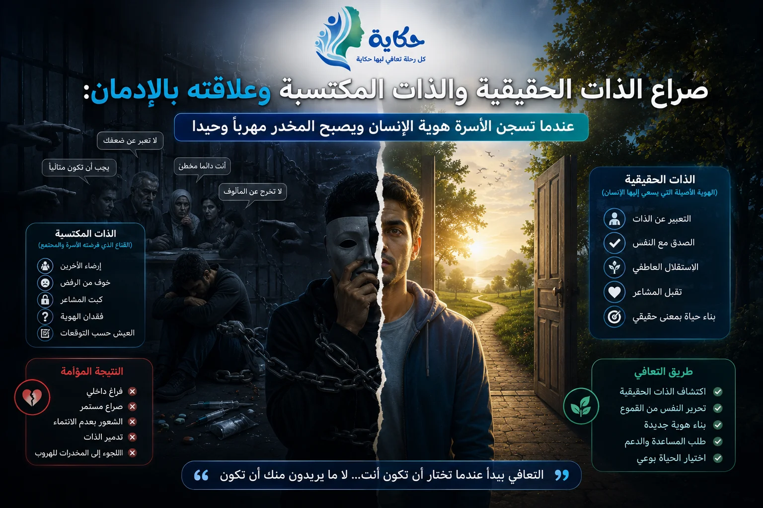 صراع الذات الحقيقية والذات المكتسبة وعلاقته بالإدمان: عندما تسجن الأسرة هوية الإنسان ويصبح المخدر مهرباً وحيداً